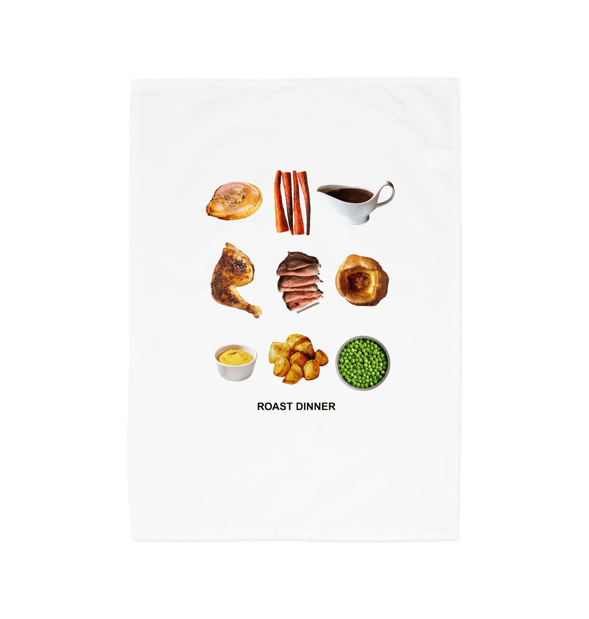 White Towel Front with a deconstructed roast dinner printed 