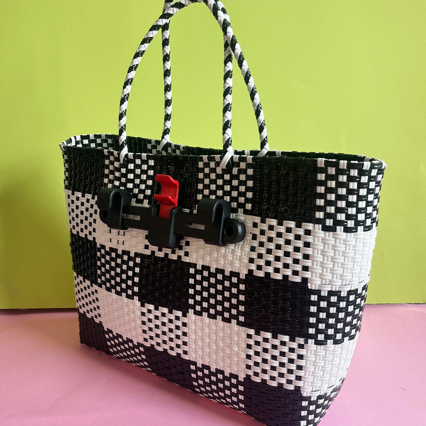 Bicycle Pannier recycled black & white plastic woven basket tote bag