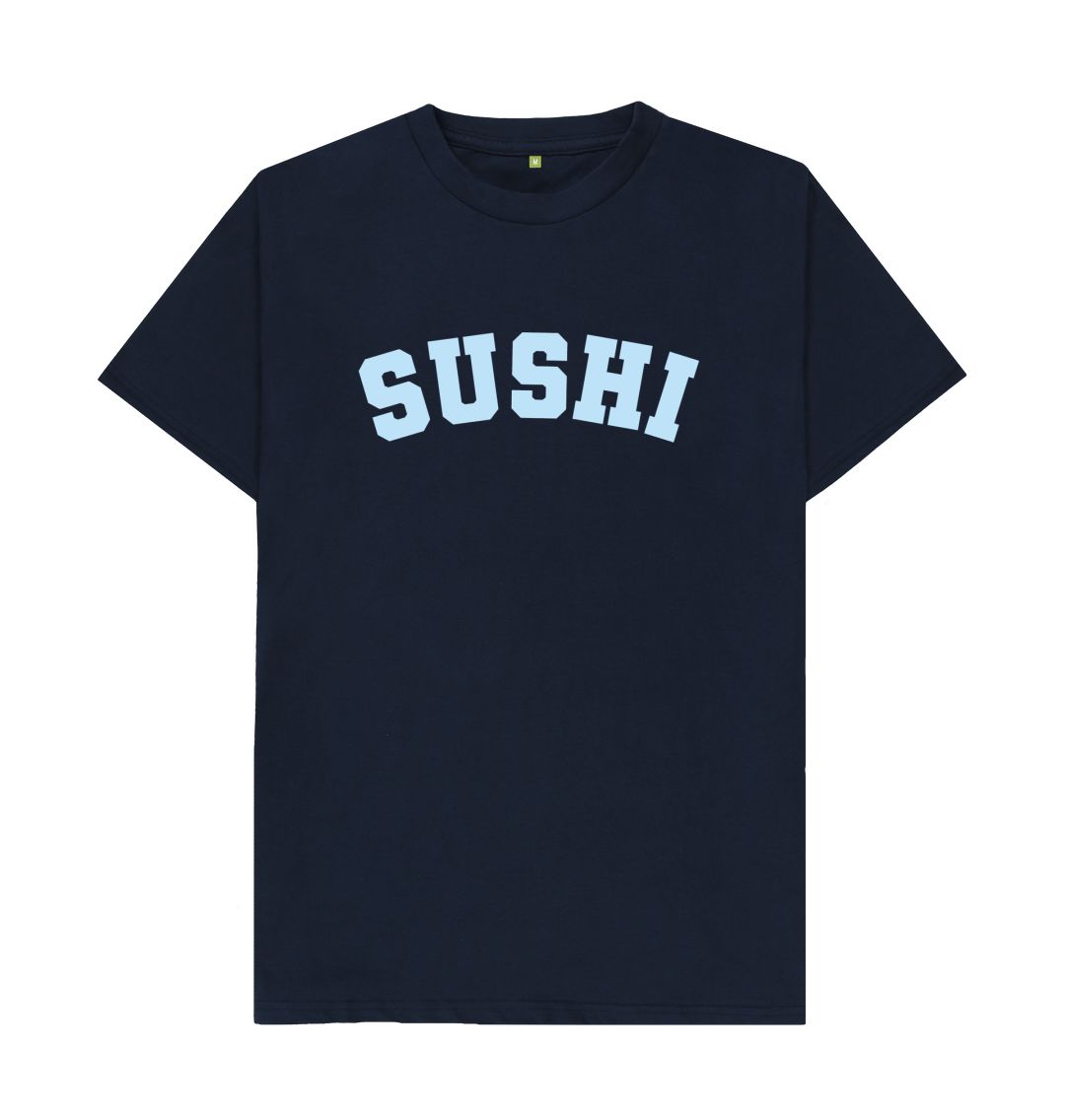 Navy Blue Sushi varsity t-shirt sushi_printed_varsity_tshirt_goodordering_foodie_gift 
