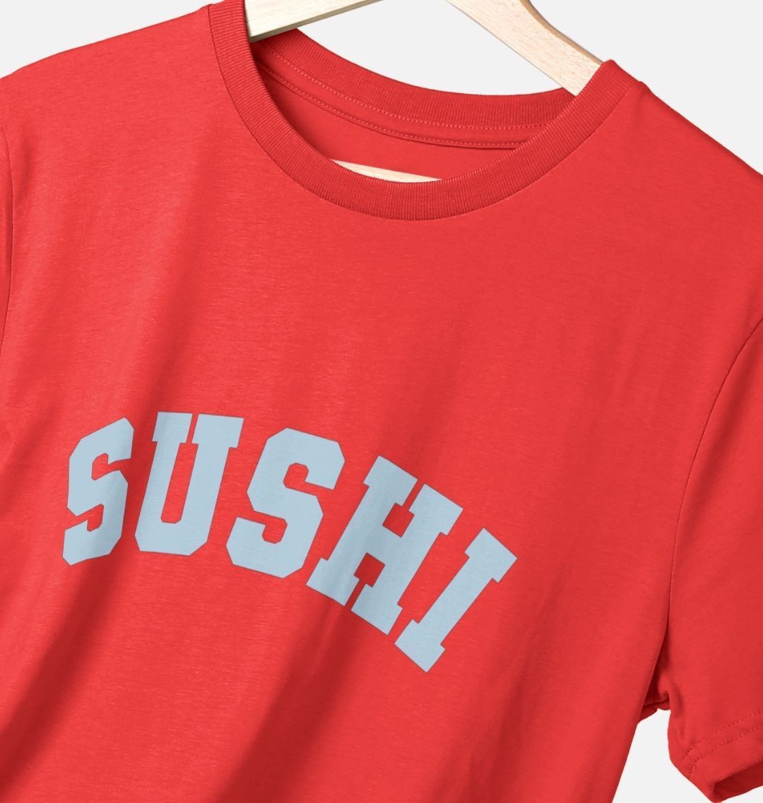 Sushi varsity t-shirt - Goodordering japanese food top organic tshirt clothing uk 
