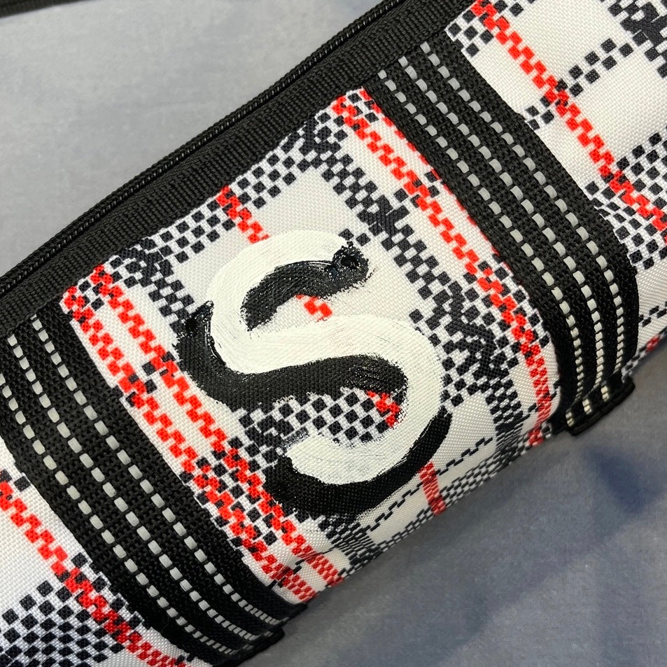 Eco Tartan tube bag customised hand painted lettering