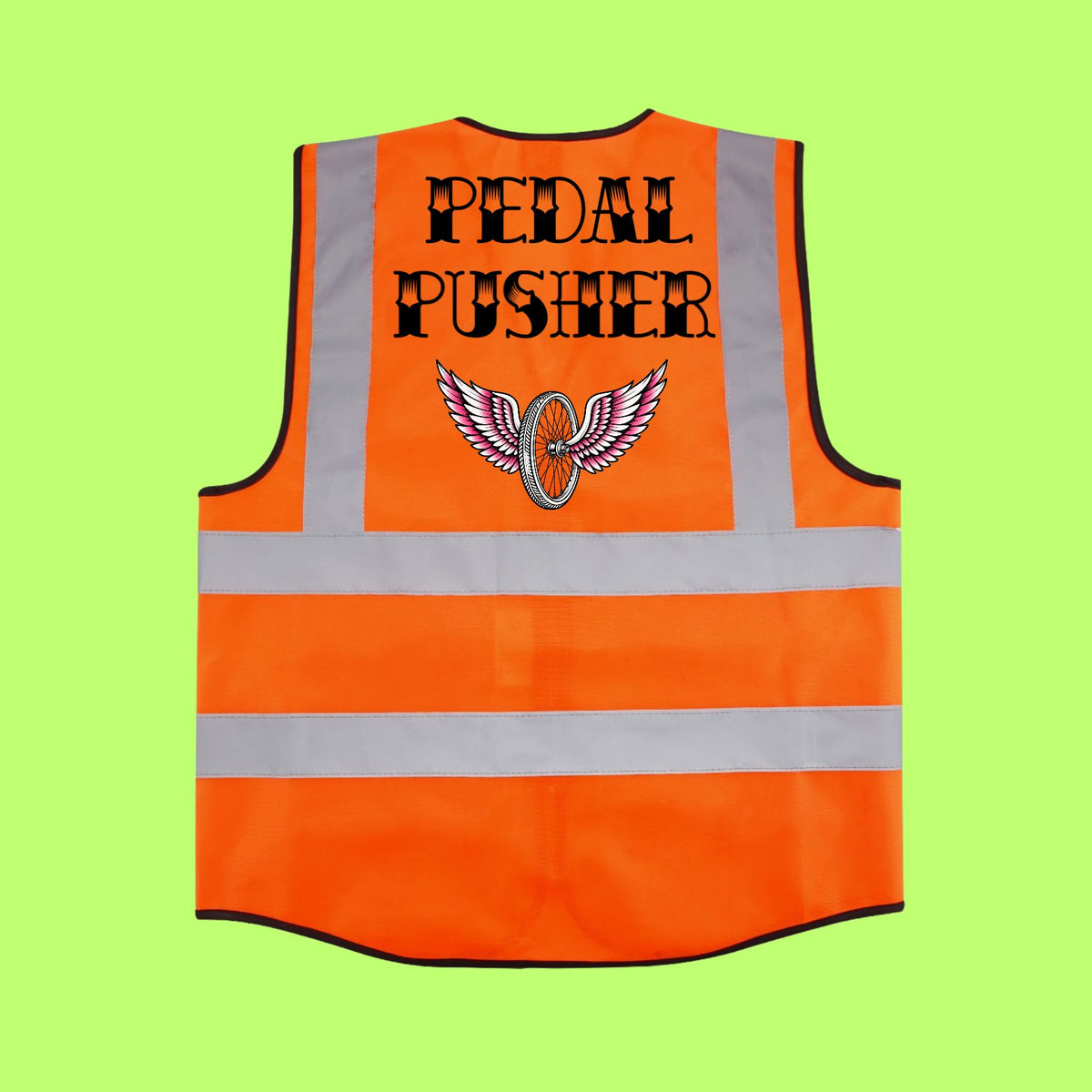 An orange high-visibility safety vest shown from the back, featuring reflective silver stripes and black trim. The back is printed with the words 'PEDAL PUSHER' in a stylized black font above a winged wheel graphic.