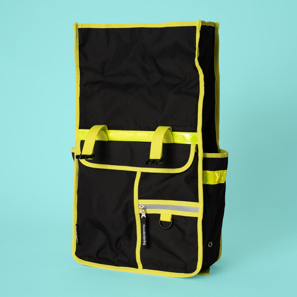 Neon rolltop backpack black pannier bike bag - Goodordering Black rolltop bike backpack with bright neon side pocket details