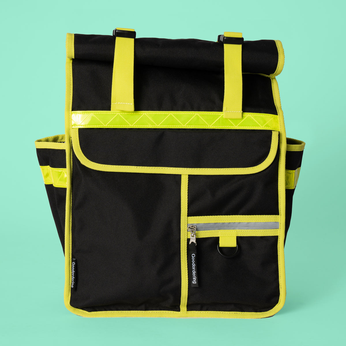Neon rolltop backpack black pannier bike bag - Goodordering Recycled polyester black rolltop backpack with neon detailing