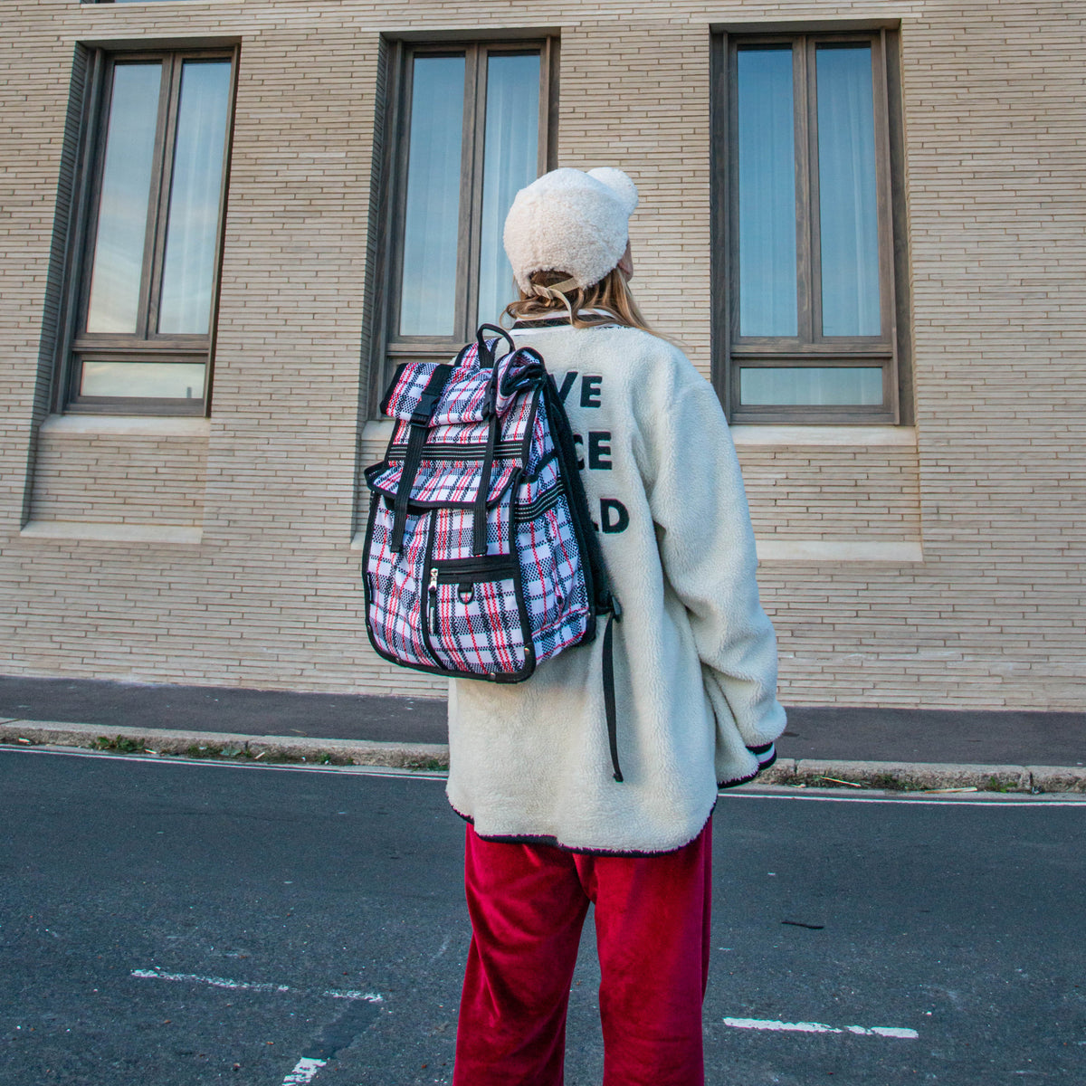 Eco tartan bicycle pannier bag made from recycled materials