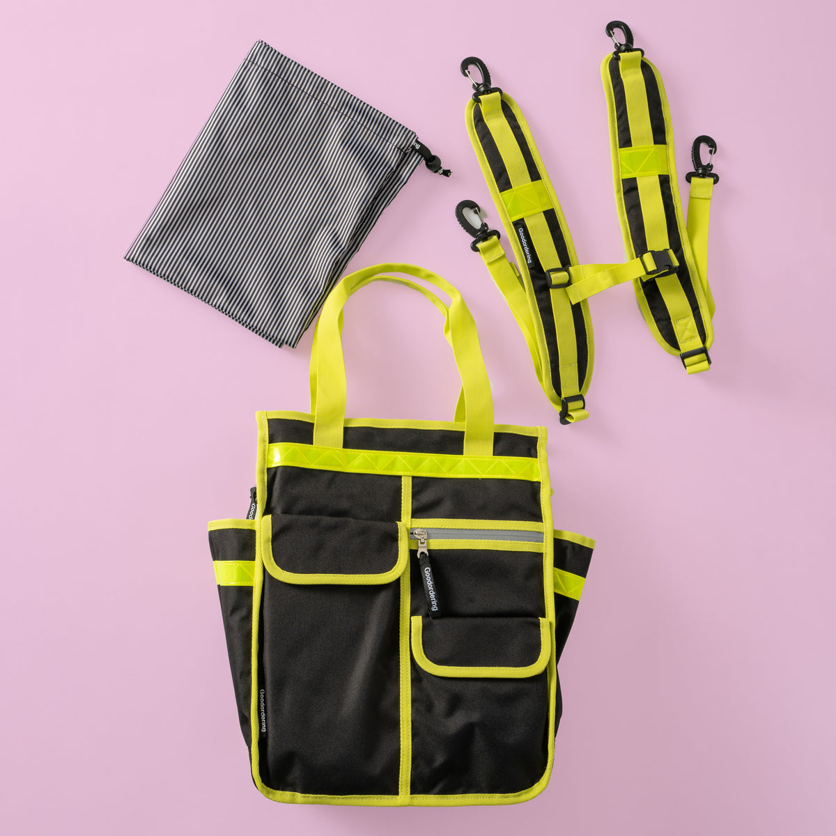 Neon market shopper pannier - Goodordering flat lay with fabric dust bag and detachable backpack straps