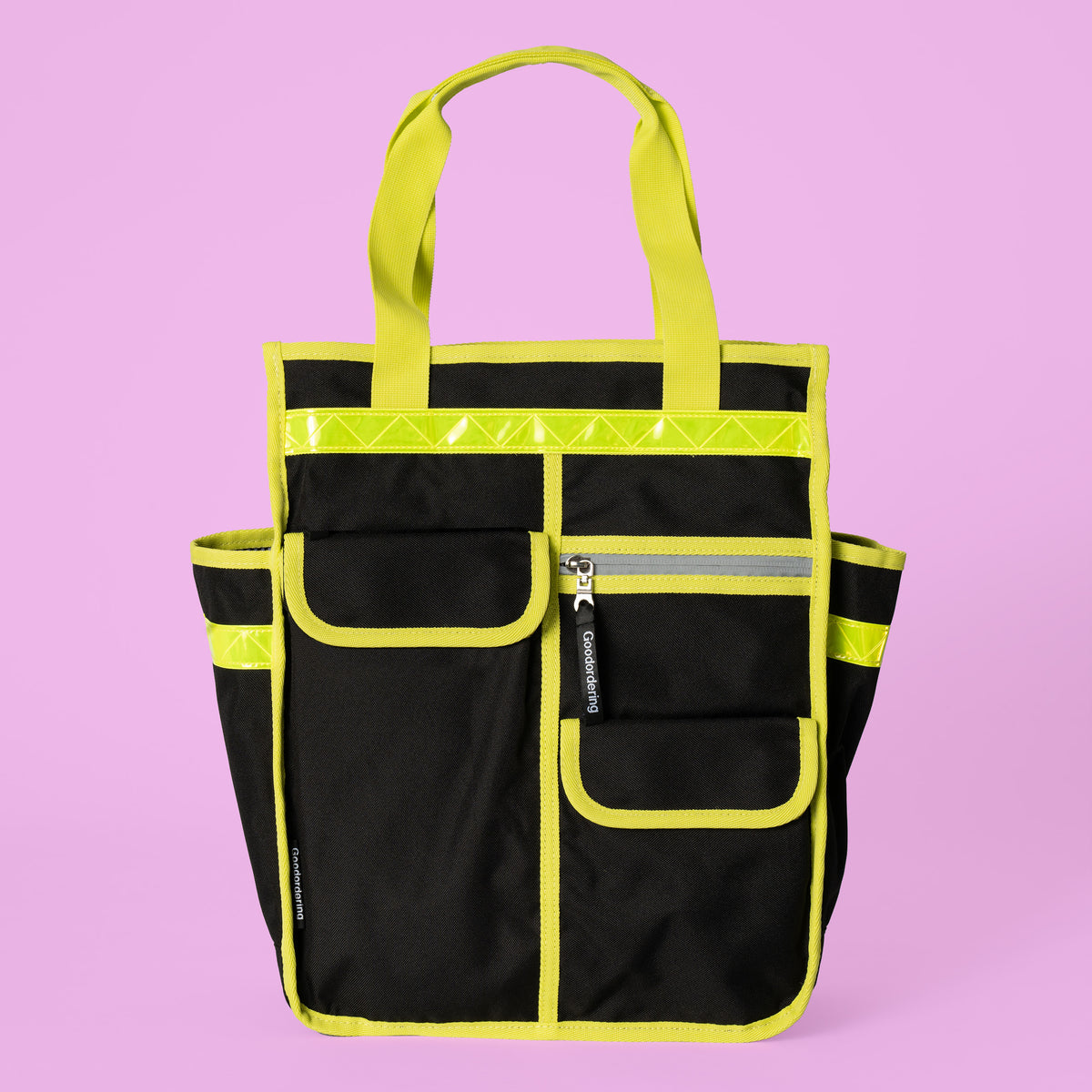 Neon market shopper pannier - Goodordering front view yellow binding and handle straps